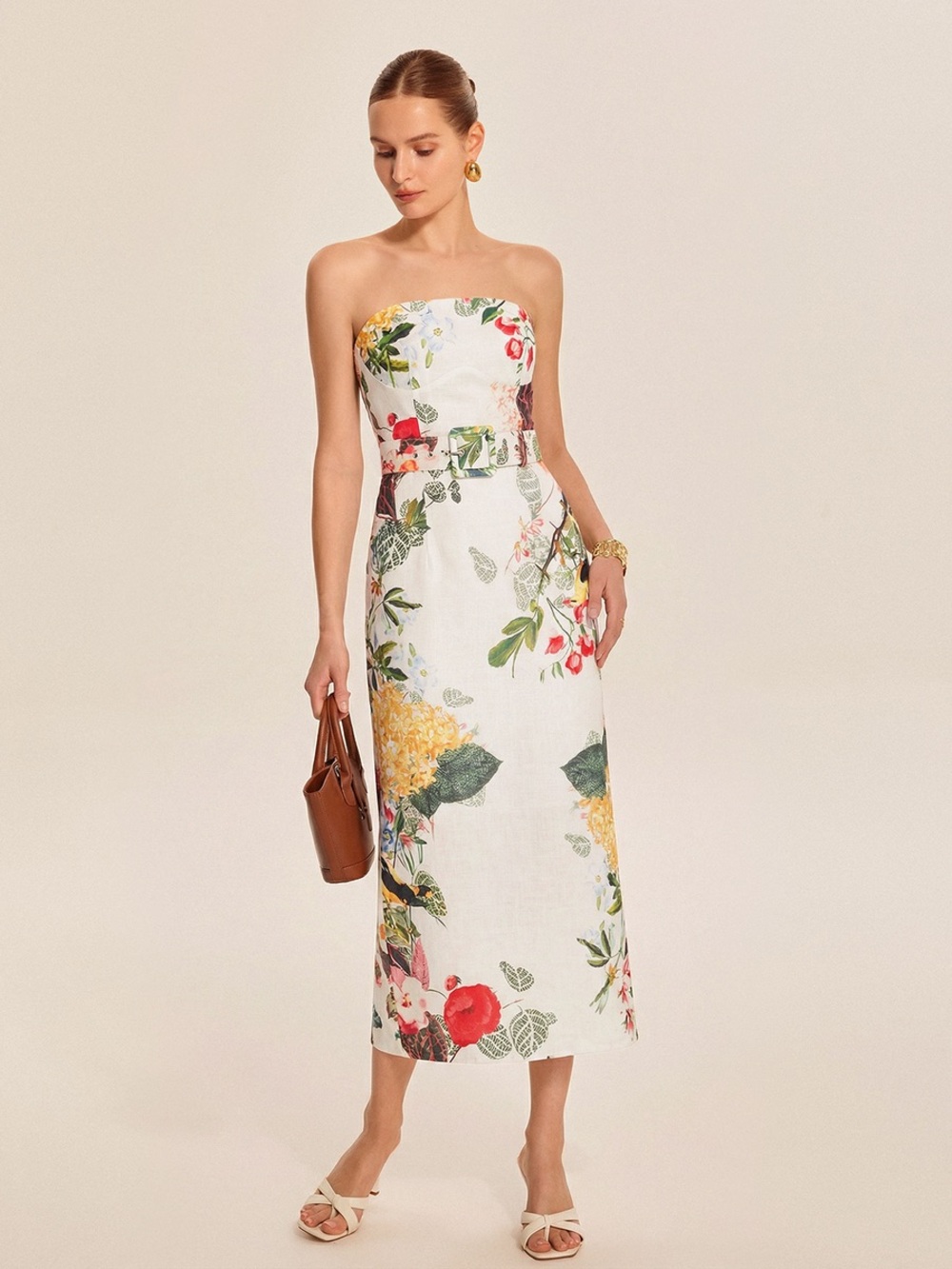 Commense Strapless Belted Floral Print Maxi Dress